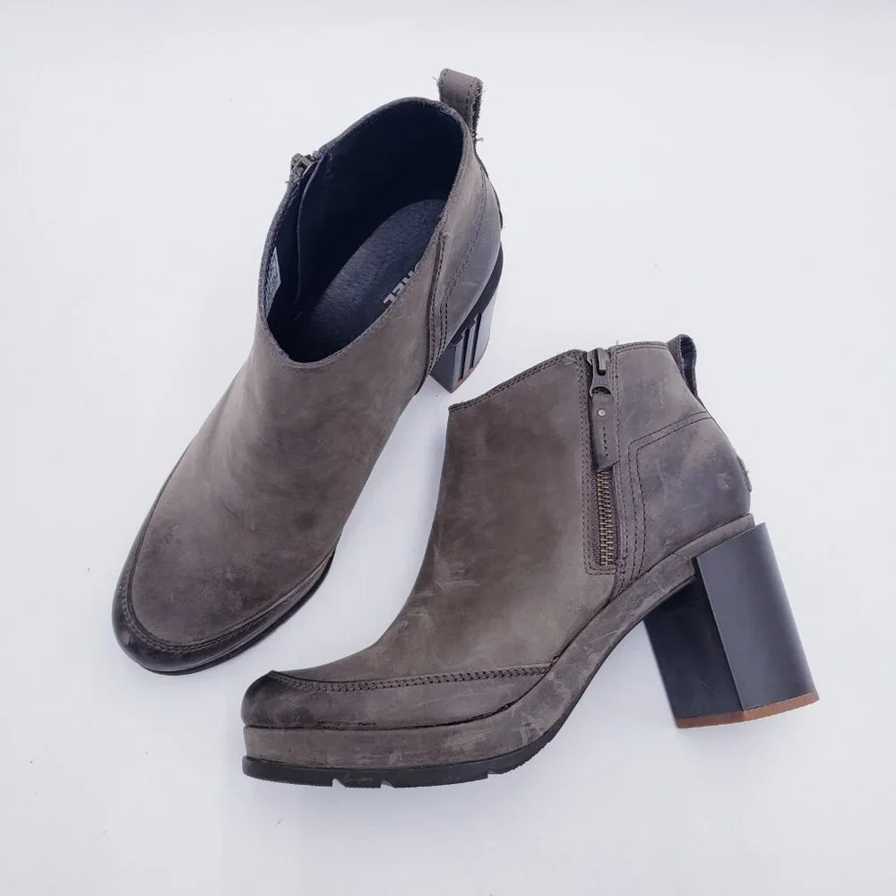Sorel Blake Ankle Bootie‎ Platform Chunky Block Heel Side Zip Quarry Size 9.5